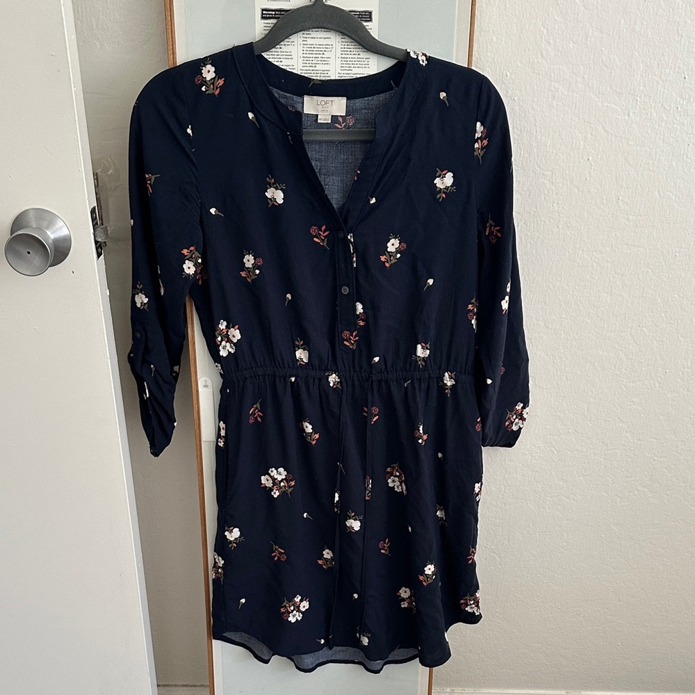 LOFT Dark Blue Floral Long Sleeve Dress